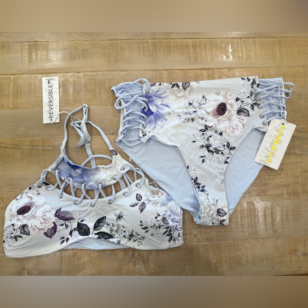 TINIBIKINI Reversible string halter bikini NWT L swim top and bottom